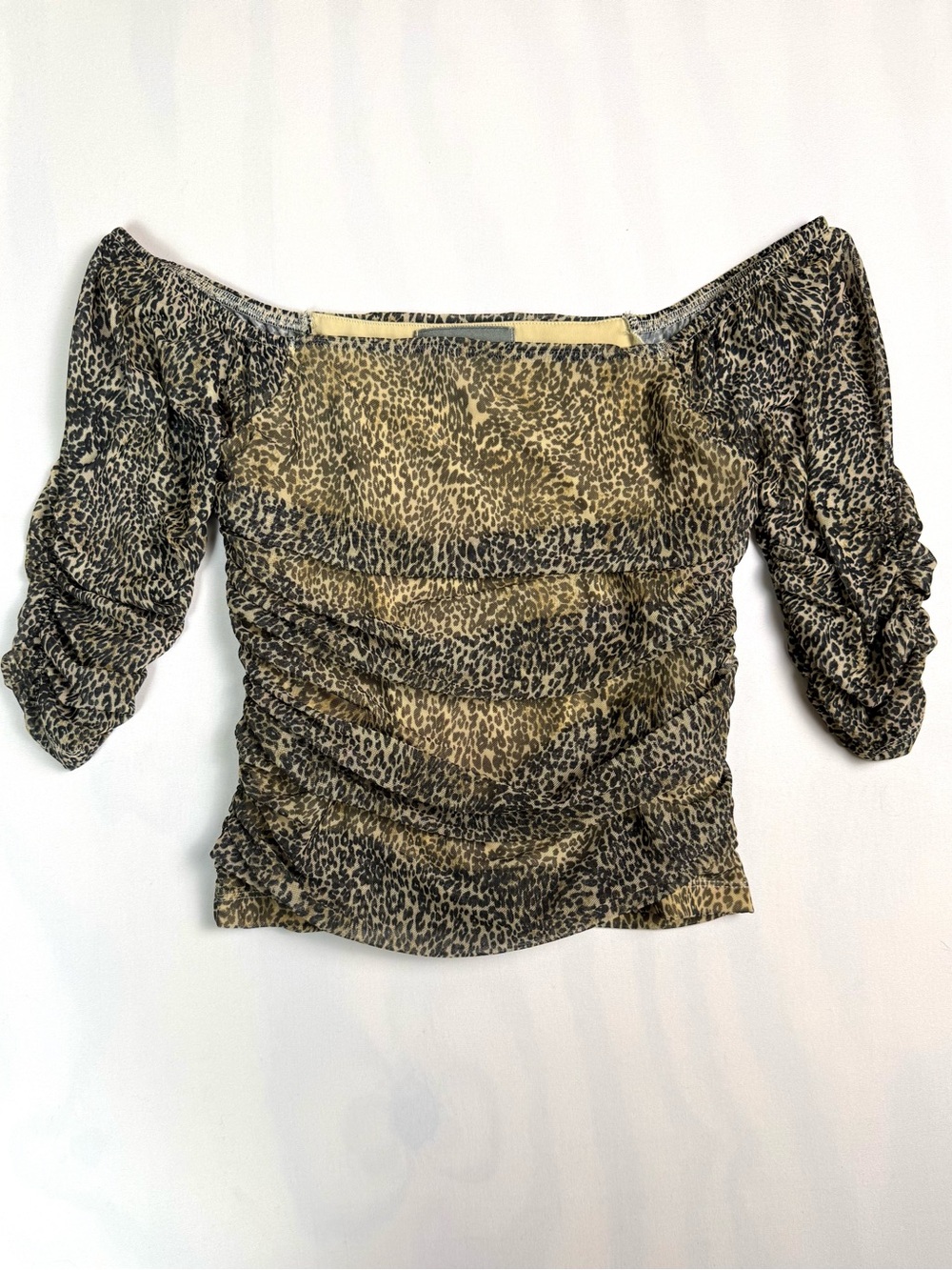 By Anthropologie XXS Leopard Mesh Ruched Off Shoulder Crop Top Y2K